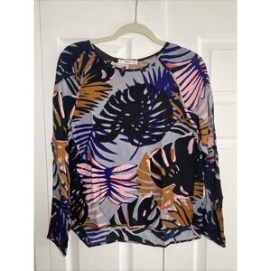 Mango Womens Size 2 Casual Tropical Leaf Gray Blouse Vacation Cruise